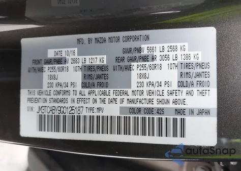 2016 Mazda Cx-9 Sport z USA, uszkodzony, nr VIN JM3TCABY9G0125187